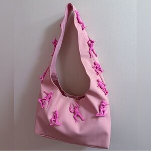 Handmade Baby Pink Faux Leather Hot Pink Toy Soldiers Embroidered Shoulder Bag